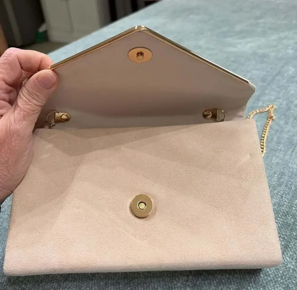 Blush Pink Faux Suede Envelope Clutch with Gold Tone Chain